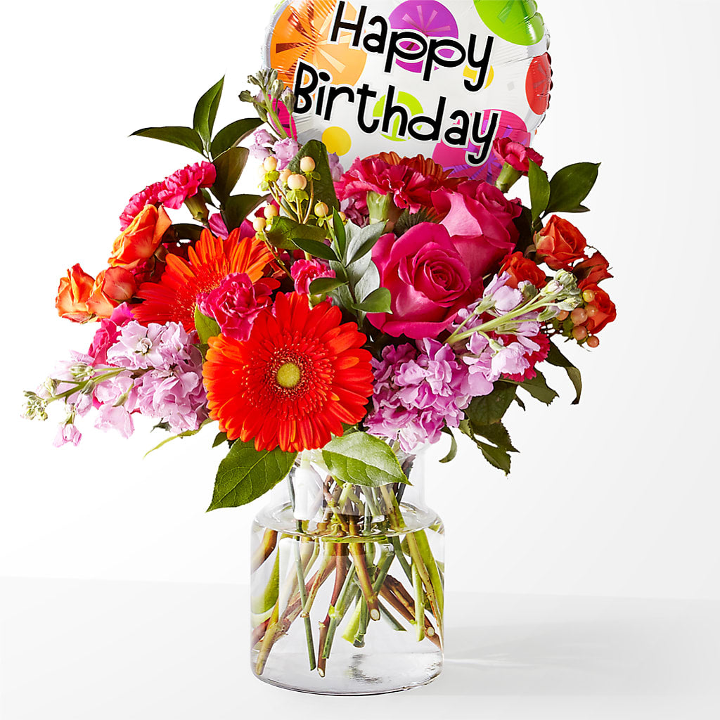Fiesta Bouquet with Birthday Balloon – MELODY'S FLOWERS, Burlington WA