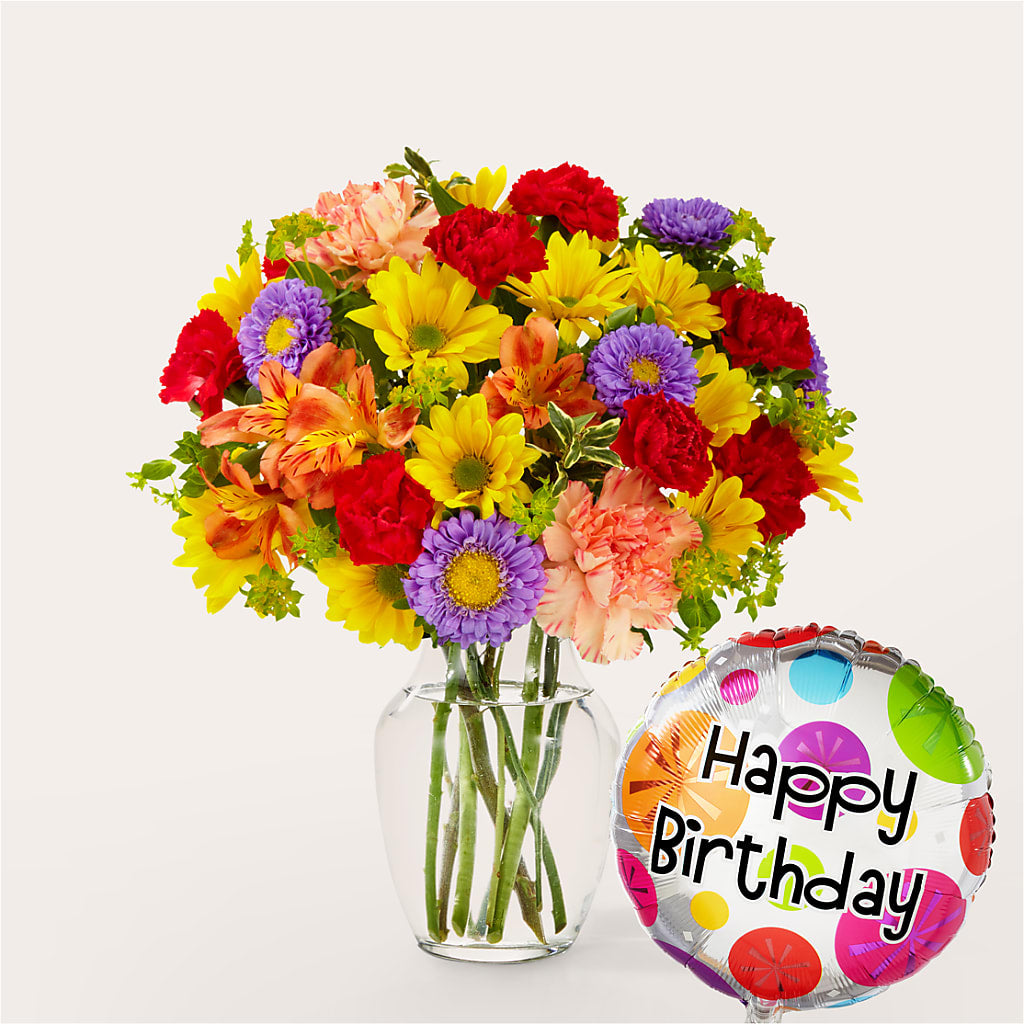 Kaleidoscope Bouquet with Birthday Balloon – MELODY'S FLOWERS, Burlington WA