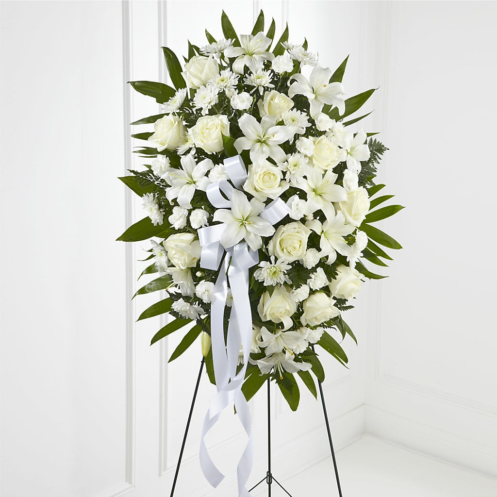 Exquisite Tribute Standing Spray-White Ribbon – MELODY'S FLOWERS, Burlington WA